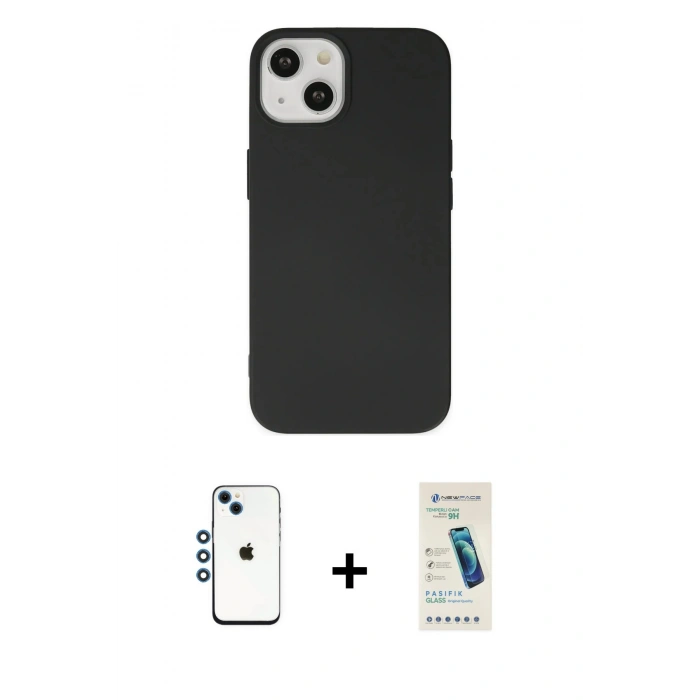 MARSİLYAN™- iPhone 14 Kılıf Ahenk Serisi - Şeffaf Pasifik Cam Ekran Koruyucu + Shine Kamera Lens - MI