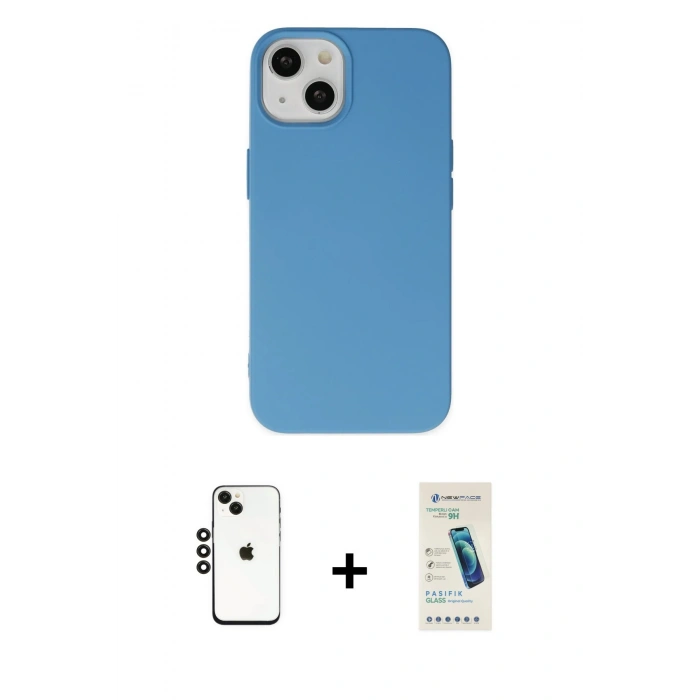 MARSİLYAN™- iPhone 14 Kılıf Ahenk Serisi - Şeffaf Pasifik Cam Ekran Koruyucu + Shine Kamera Lens - SH