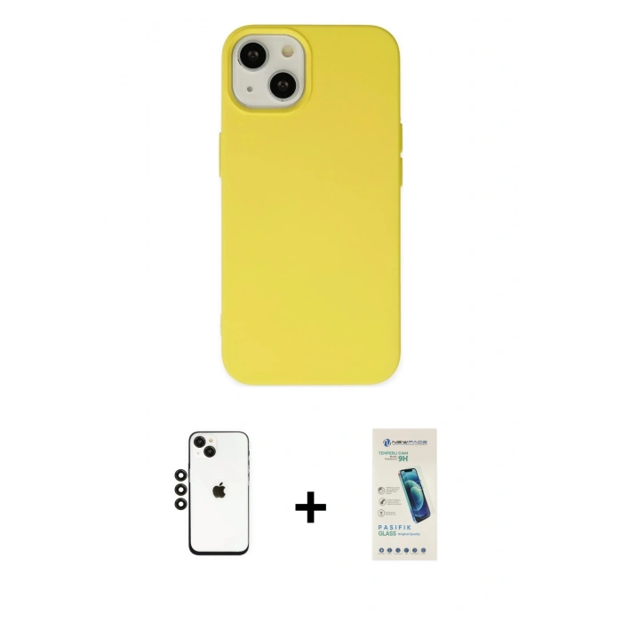 MARSİLYAN™- iPhone 14 Kılıf Ahenk Serisi - Şeffaf Pasifik Cam Ekran Koruyucu + Shine Kamera Lens - SH