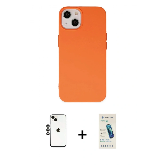 MARSİLYAN™- iPhone 14 Kılıf Ahenk Serisi - Şeffaf Pasifik Cam Ekran Koruyucu + Shine Kamera Lens - SH