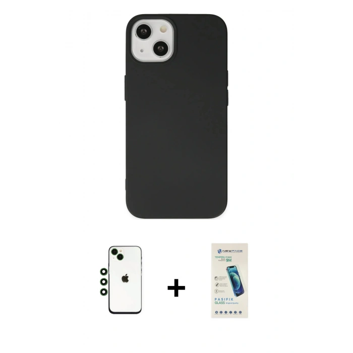 MARSİLYAN™- iPhone 14 Kılıf Ahenk Serisi - Şeffaf Pasifik Cam Ekran Koruyucu + Shine Kamera Lens - YL
