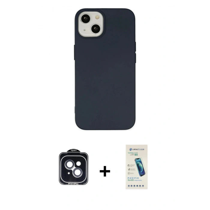 MARSİLYAN™- iPhone 14 Kılıf Ahenk Serisi - Şeffaf Pasifik Cam Ekran Koruyucu + PVD Metal Kamera Lens - SH