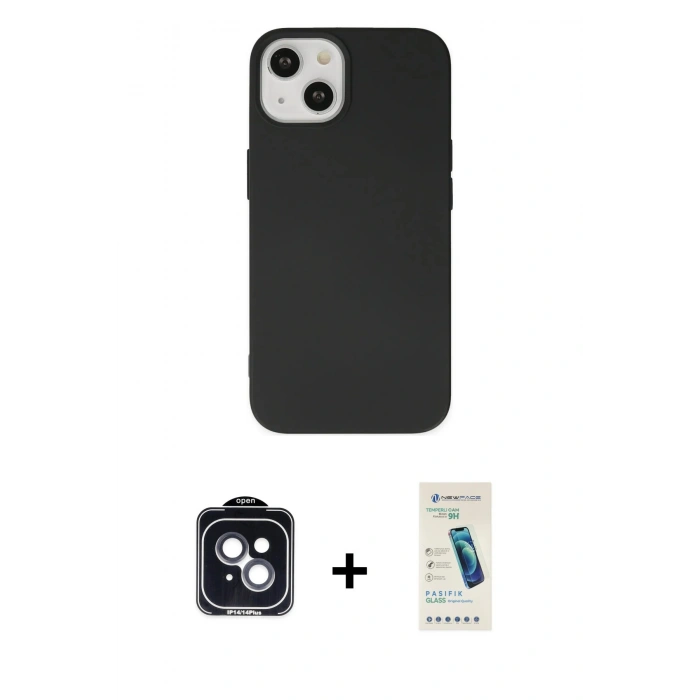 MARSİLYAN™- iPhone 14 Kılıf Ahenk Serisi - Şeffaf Pasifik Cam Ekran Koruyucu + PVD Metal Kamera Lens - SH