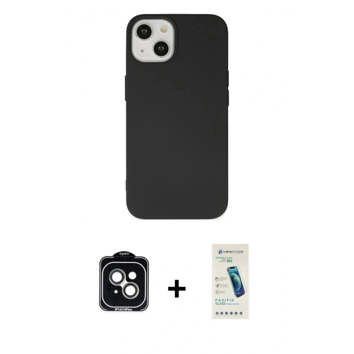 MARSİLYAN™- iPhone 14 Kılıf Ahenk Serisi - Şeffaf Pasifik Cam Ekran Koruyucu + PVD Metal Kamera Lens - YL