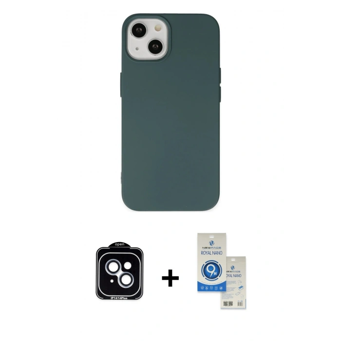 MARSİLYAN™- iPhone 14 Kılıf Ahenk Serisi - Şeffaf Royal Nano Ekran Koruyucu + PVD Metal Kamera Lens - MI