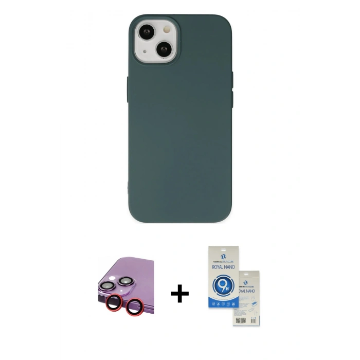 MARSİLYAN™- iPhone 14 Kılıf Ahenk Serisi - Şeffaf Royal Nano Ekran Koruyucu + Raze Metal Kamera Lens - KI