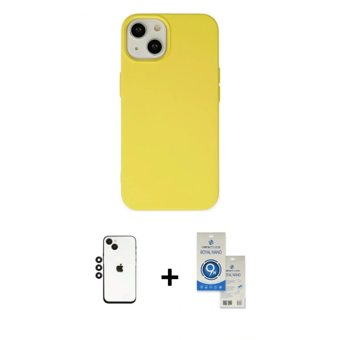 MARSİLYAN™- iPhone 14 Kılıf Ahenk Serisi - Şeffaf Royal Nano Ekran Koruyucu + Shine Kamera Lens - SH