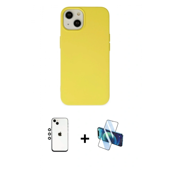 MARSİLYAN™- iPhone 14 Kılıf Ahenk Serisi - Siyah 3D Antistatik Cam Ekran Koruyucu + Shine Kamera Lens - GS