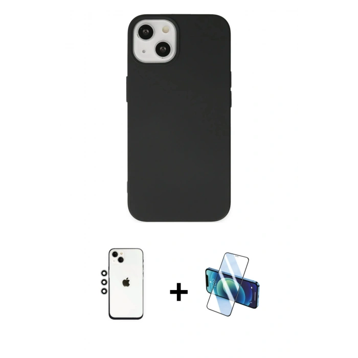 MARSİLYAN™- iPhone 14 Kılıf Ahenk Serisi - Siyah 3D Antistatik Cam Ekran Koruyucu + Shine Kamera Lens - GS