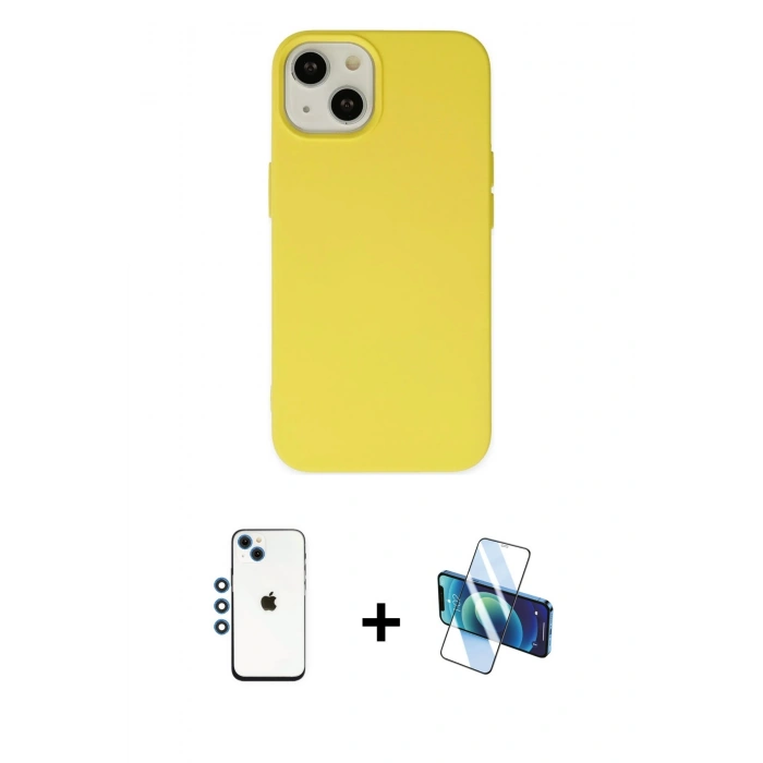 MARSİLYAN™- iPhone 14 Kılıf Ahenk Serisi - Siyah 3D Antistatik Cam Ekran Koruyucu + Shine Kamera Lens - MI