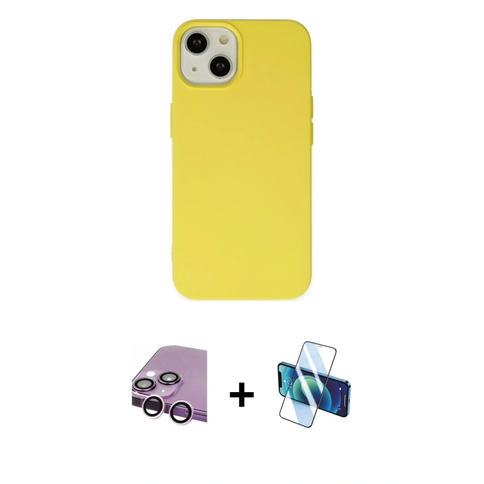 MARSİLYAN™- iPhone 14 Kılıf Ahenk Serisi - Siyah 3D Antistatik Cam Ekran Koruyucu + Raze Metal Kamera Lens - MR