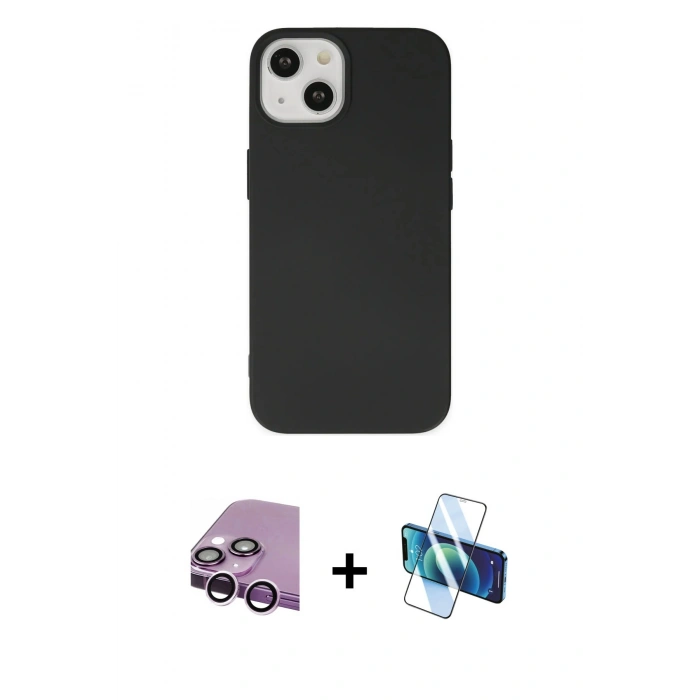 MARSİLYAN™- iPhone 14 Kılıf Ahenk Serisi - Siyah 3D Antistatik Cam Ekran Koruyucu + Raze Metal Kamera Lens - MR