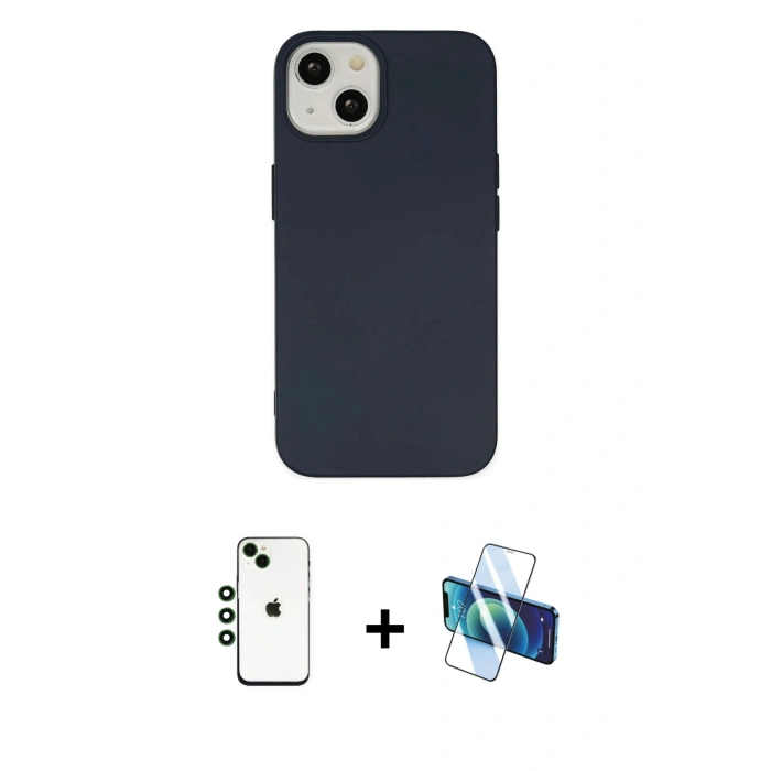MARSİLYAN™- iPhone 14 Kılıf Ahenk Serisi - Siyah 3D Antistatik Cam Ekran Koruyucu + Shine Kamera Lens - YL
