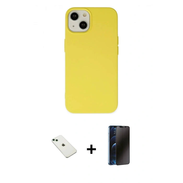 MARSİLYAN™- iPhone 14 Kılıf Ahenk Serisi - Siyah 3D Antistatik Hayalet Cam Ekran Koruyucu + Diamond Kamera Lens - YL