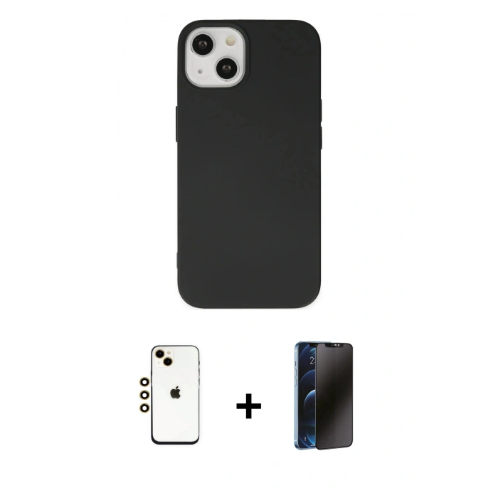 MARSİLYAN™- iPhone 14 Kılıf Ahenk Serisi - Siyah 3D Antistatik Hayalet Cam Ekran Koruyucu + Shine Kamera Lens - GD