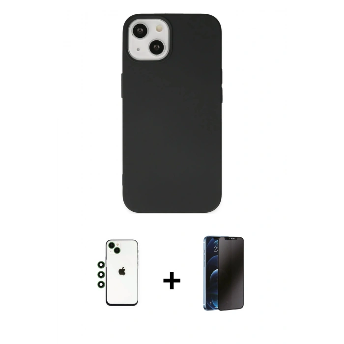 MARSİLYAN™- iPhone 14 Kılıf Ahenk Serisi - Siyah 3D Antistatik Hayalet Cam Ekran Koruyucu + Shine Kamera Lens - YL