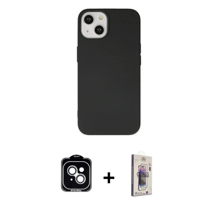 MARSİLYAN™- iPhone 14 Kılıf Ahenk Serisi - Siyah Bilvis 3D Cam Ekran Koruyucu + PVD Metal Kamera Lens - GS