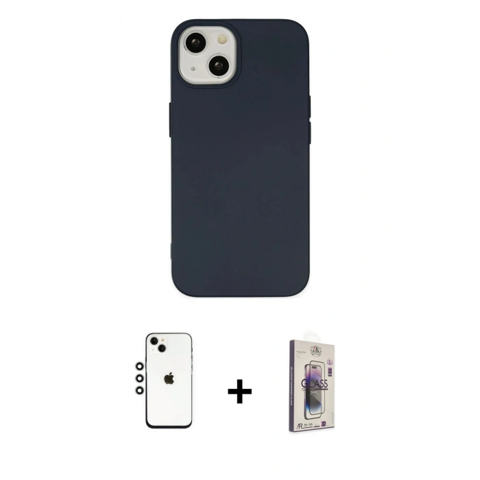 MARSİLYAN™- iPhone 14 Kılıf Ahenk Serisi - Siyah Bilvis 3D Cam Ekran Koruyucu + Shine Kamera Lens - GS