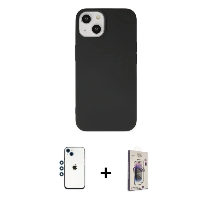 MARSİLYAN™- iPhone 14 Kılıf Ahenk Serisi - Siyah Bilvis 3D Cam Ekran Koruyucu + Shine Kamera Lens - MI