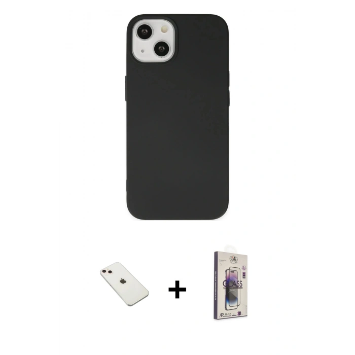 MARSİLYAN™- iPhone 14 Kılıf Ahenk Serisi - Siyah Bilvis 3D Cam Ekran Koruyucu + Diamond Kamera Lens - PE