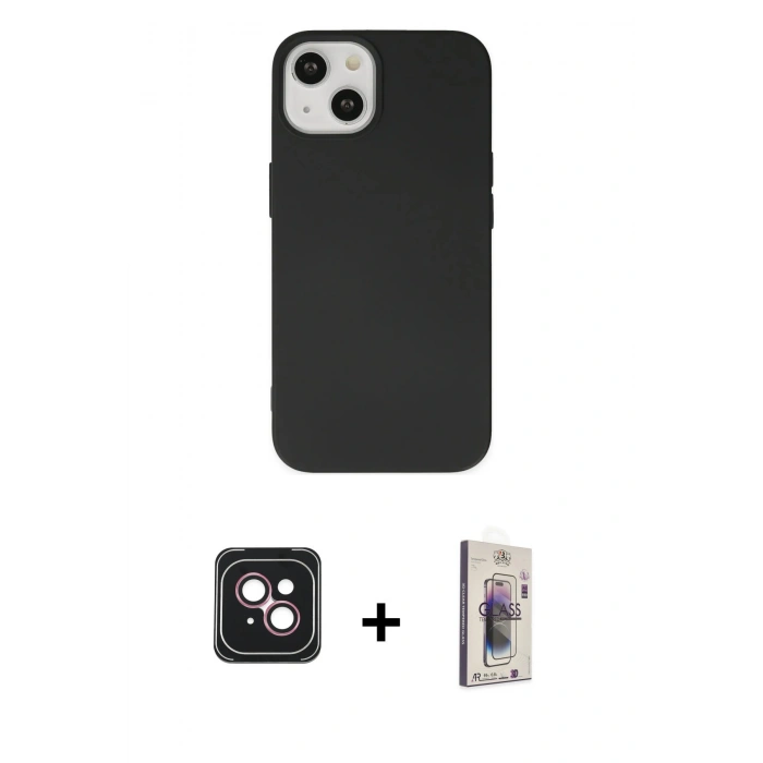 MARSİLYAN™- iPhone 14 Kılıf Ahenk Serisi - Siyah Bilvis 3D Cam Ekran Koruyucu + PVD Metal Kamera Lens - PE