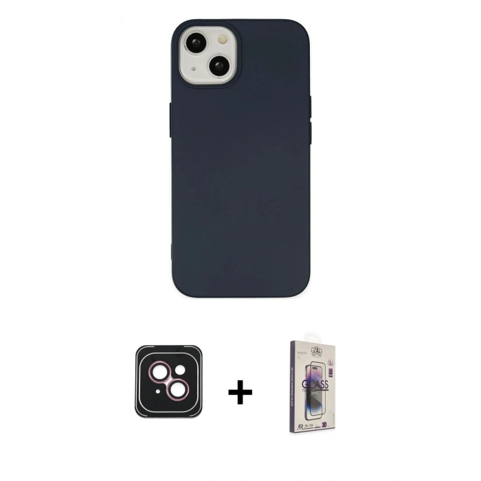 MARSİLYAN™- iPhone 14 Kılıf Ahenk Serisi - Siyah Bilvis 3D Cam Ekran Koruyucu + PVD Metal Kamera Lens - PE