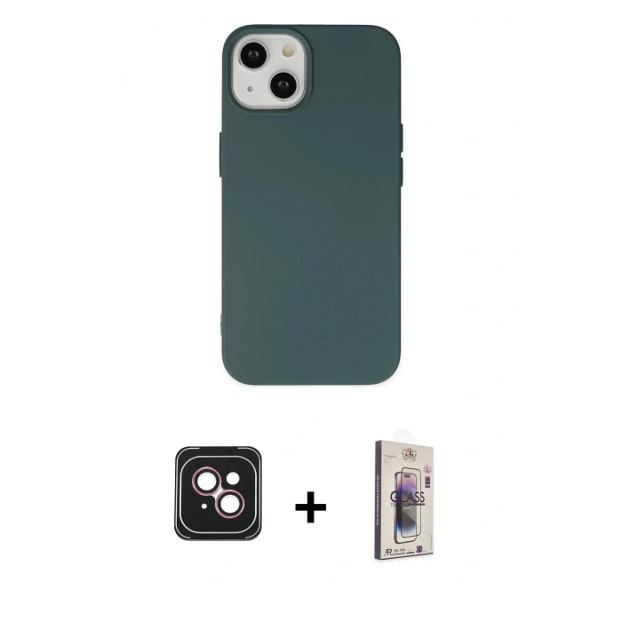 MARSİLYAN™- iPhone 14 Kılıf Ahenk Serisi - Siyah Bilvis 3D Cam Ekran Koruyucu + PVD Metal Kamera Lens - PE