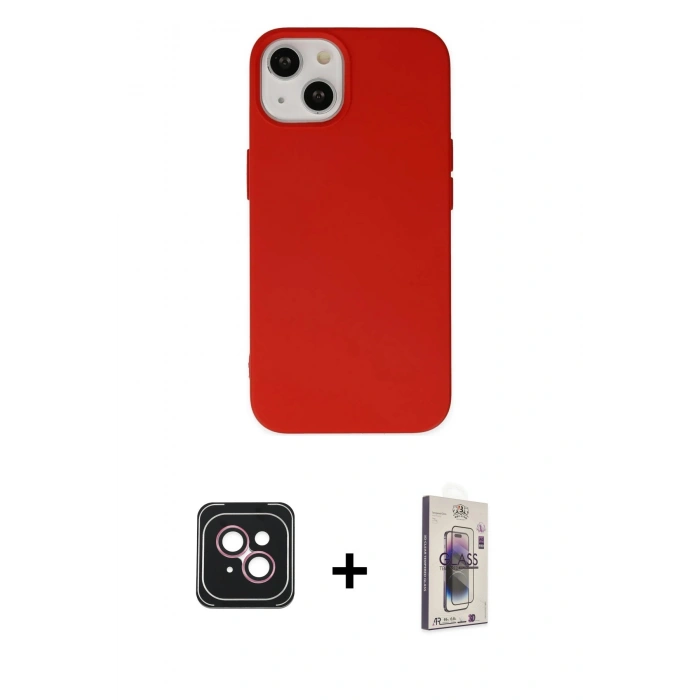 MARSİLYAN™- iPhone 14 Kılıf Ahenk Serisi - Siyah Bilvis 3D Cam Ekran Koruyucu + PVD Metal Kamera Lens - PE