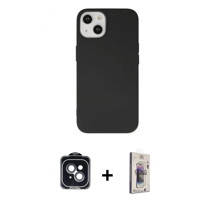 MARSİLYAN™- iPhone 14 Kılıf Ahenk Serisi - Siyah Bilvis 3D Cam Ekran Koruyucu + PVD Metal Kamera Lens - SH