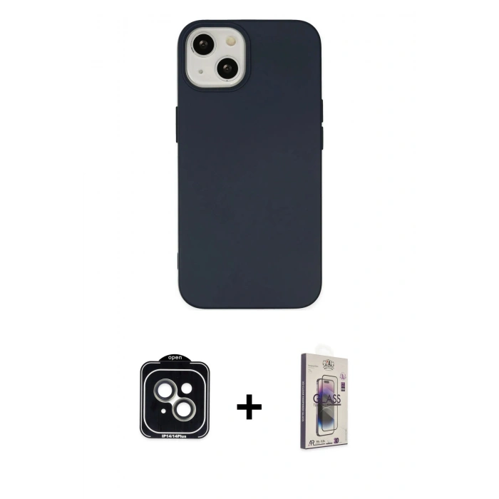 MARSİLYAN™- iPhone 14 Kılıf Ahenk Serisi - Siyah Bilvis 3D Cam Ekran Koruyucu + PVD Metal Kamera Lens - YL