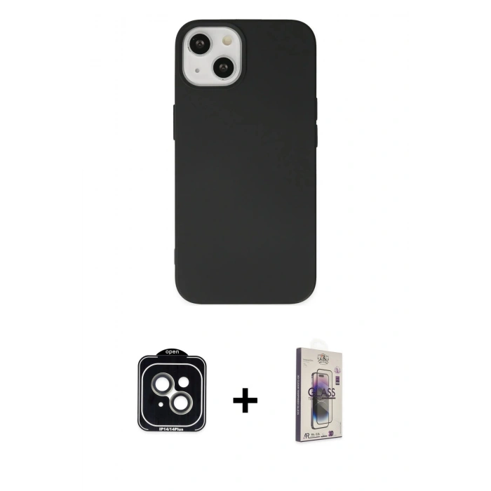 MARSİLYAN™- iPhone 14 Kılıf Ahenk Serisi - Siyah Bilvis 3D Cam Ekran Koruyucu + PVD Metal Kamera Lens - YL