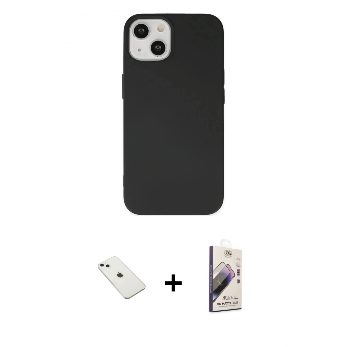 MARSİLYAN™- iPhone 14 Kılıf Ahenk Serisi - Siyah Bilvis 3D Mat Cam Ekran Koruyucu + Diamond Kamera Lens - SABE