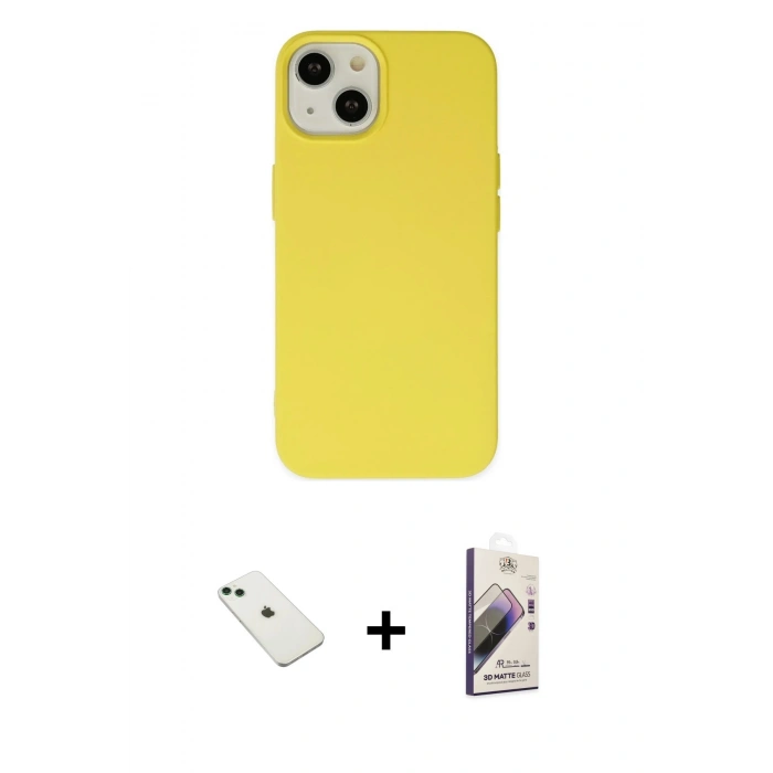 MARSİLYAN™- iPhone 14 Kılıf Ahenk Serisi - Siyah Bilvis 3D Mat Cam Ekran Koruyucu + Diamond Kamera Lens - YL