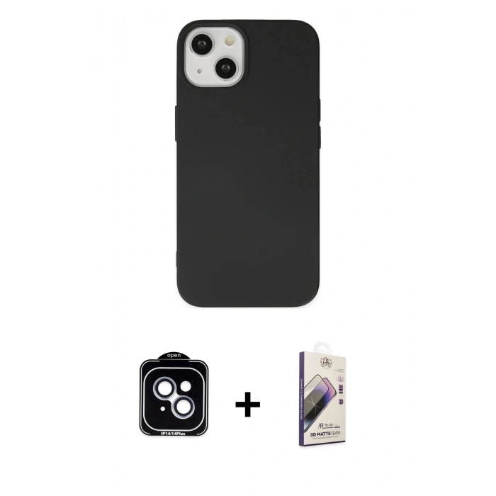 MARSİLYAN™- iPhone 14 Kılıf Ahenk Serisi - Siyah Bilvis 3D Mat Cam Ekran Koruyucu + PVD Metal Kamera Lens - MI