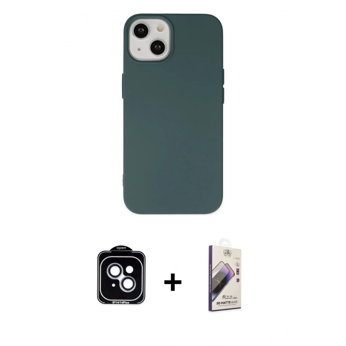 MARSİLYAN™- iPhone 14 Kılıf Ahenk Serisi - Siyah Bilvis 3D Mat Cam Ekran Koruyucu + PVD Metal Kamera Lens - MI