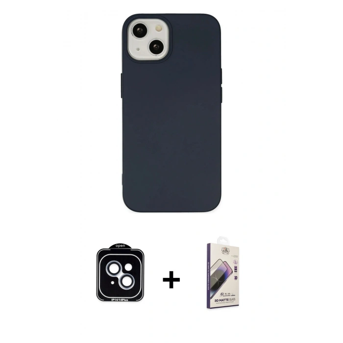 MARSİLYAN™- iPhone 14 Kılıf Ahenk Serisi - Siyah Bilvis 3D Mat Cam Ekran Koruyucu + PVD Metal Kamera Lens - MI