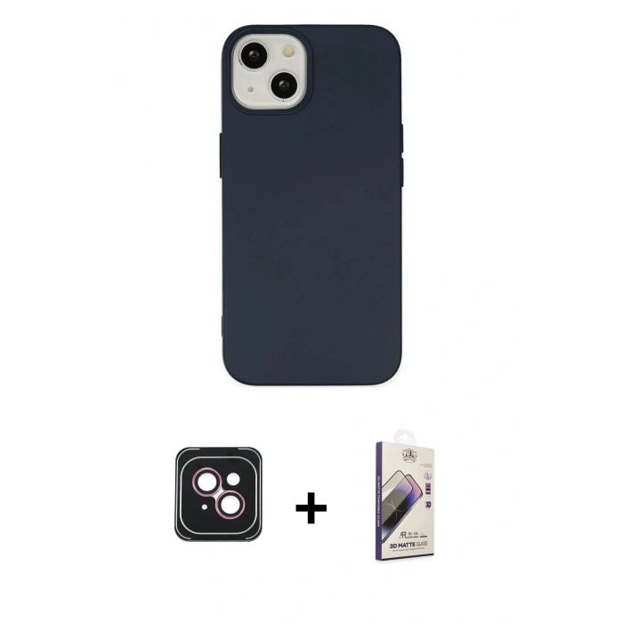 MARSİLYAN™- iPhone 14 Kılıf Ahenk Serisi - Siyah Bilvis 3D Mat Cam Ekran Koruyucu + PVD Metal Kamera Lens - PE