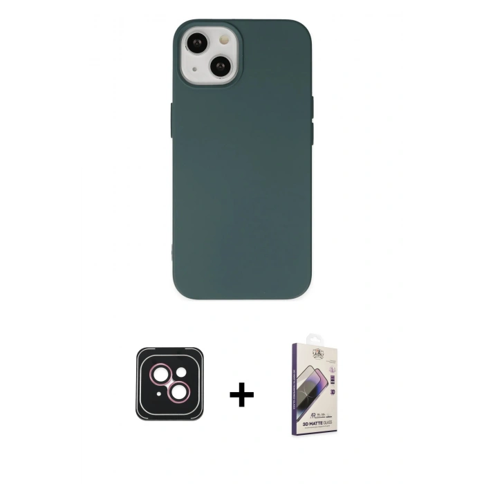 MARSİLYAN™- iPhone 14 Kılıf Ahenk Serisi - Siyah Bilvis 3D Mat Cam Ekran Koruyucu + PVD Metal Kamera Lens - PE