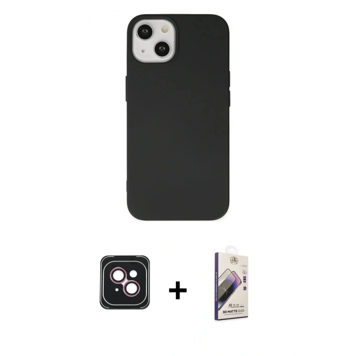MARSİLYAN™- iPhone 14 Kılıf Ahenk Serisi - Siyah Bilvis 3D Mat Cam Ekran Koruyucu + PVD Metal Kamera Lens - PE