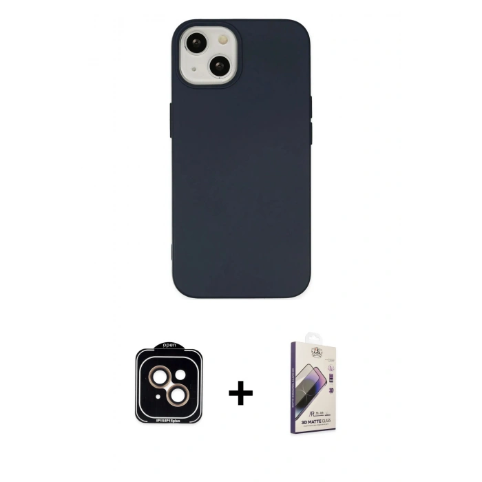 MARSİLYAN™- iPhone 14 Kılıf Ahenk Serisi - Siyah Bilvis 3D Mat Cam Ekran Koruyucu + PVD Metal Kamera Lens - TU