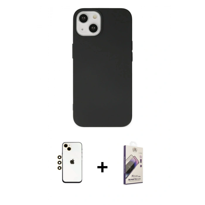 MARSİLYAN™- iPhone 14 Kılıf Ahenk Serisi - Siyah Bilvis 3D Mat Cam Ekran Koruyucu + Shine Kamera Lens - GD