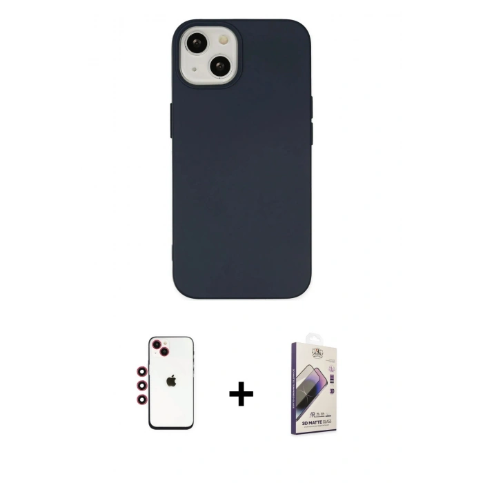 MARSİLYAN™- iPhone 14 Kılıf Ahenk Serisi - Siyah Bilvis 3D Mat Cam Ekran Koruyucu + Shine Kamera Lens - KI