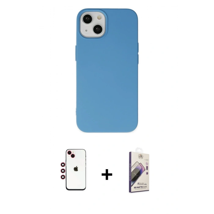 MARSİLYAN™- iPhone 14 Kılıf Ahenk Serisi - Siyah Bilvis 3D Mat Cam Ekran Koruyucu + Shine Kamera Lens - KI