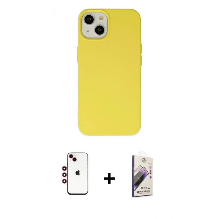 MARSİLYAN™- iPhone 14 Kılıf Ahenk Serisi - Siyah Bilvis 3D Mat Cam Ekran Koruyucu + Shine Kamera Lens - KI