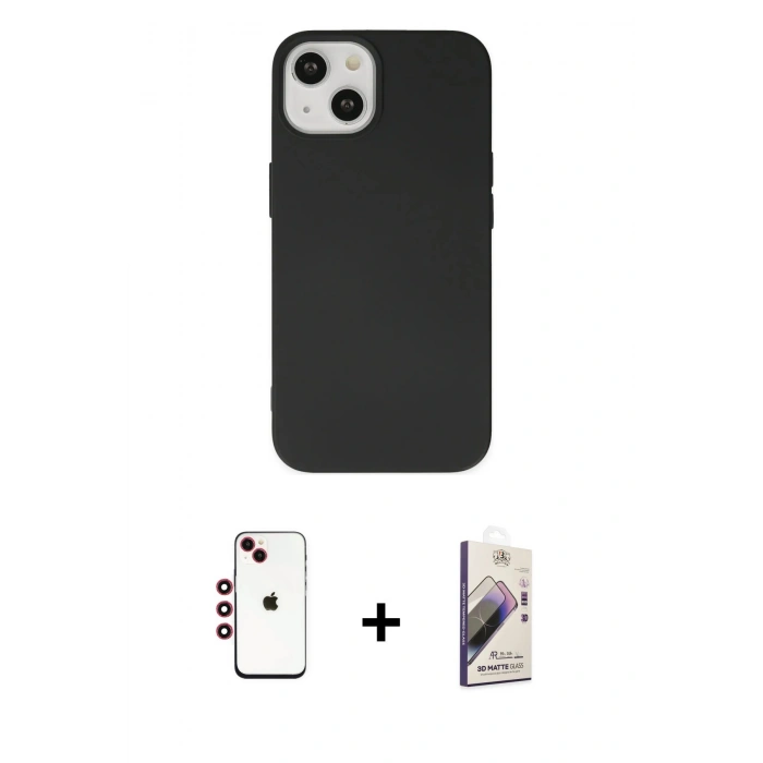 MARSİLYAN™- iPhone 14 Kılıf Ahenk Serisi - Siyah Bilvis 3D Mat Cam Ekran Koruyucu + Shine Kamera Lens - KI