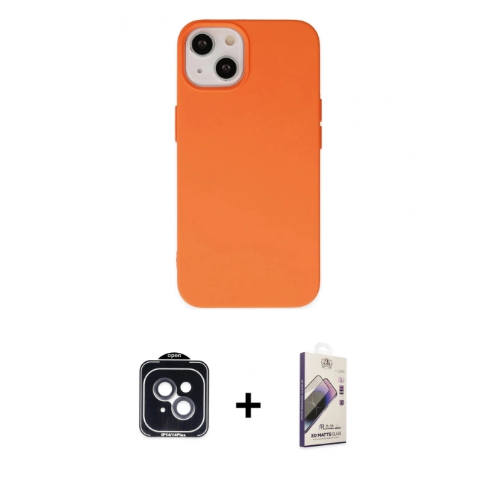 MARSİLYAN™- iPhone 14 Kılıf Ahenk Serisi - Siyah Bilvis 3D Mat Cam Ekran Koruyucu + PVD Metal Kamera Lens - SH