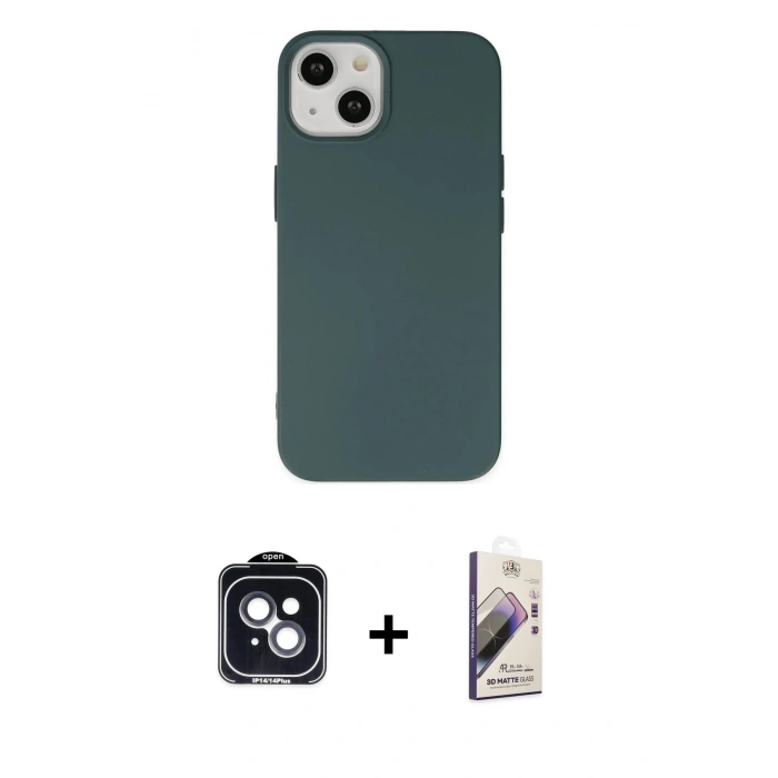 MARSİLYAN™- iPhone 14 Kılıf Ahenk Serisi - Siyah Bilvis 3D Mat Cam Ekran Koruyucu + PVD Metal Kamera Lens - SH