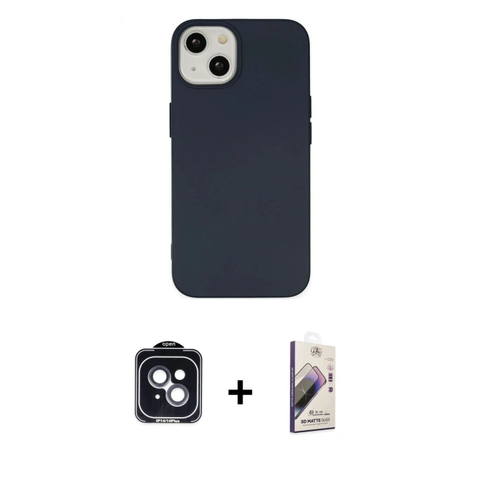 MARSİLYAN™- iPhone 14 Kılıf Ahenk Serisi - Siyah Bilvis 3D Mat Cam Ekran Koruyucu + PVD Metal Kamera Lens - SH