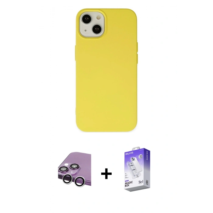 MARSİLYAN™- iPhone 14 Kılıf Ahenk Serisi - Siyah Bilvis 5in1 3D Magic Cam Ekran Koruyucu + Raze Metal Kamera Lens - GS