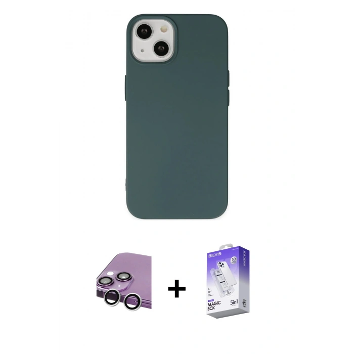MARSİLYAN™- iPhone 14 Kılıf Ahenk Serisi - Siyah Bilvis 5in1 3D Magic Cam Ekran Koruyucu + Raze Metal Kamera Lens - GS